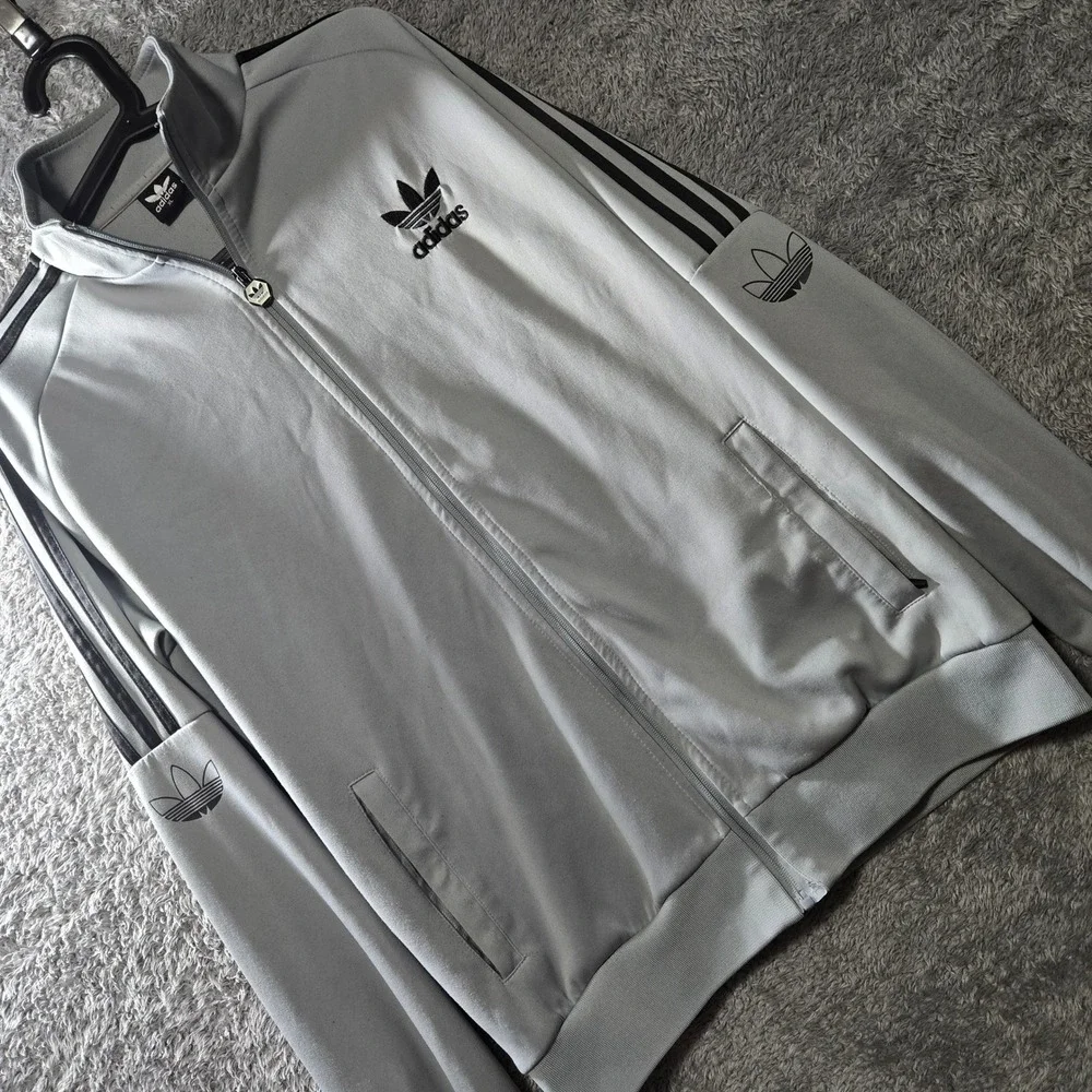 Adidas Originals Mens XL Grey Trefoil Track Jacket Full Zip 3-Stripe Activewear